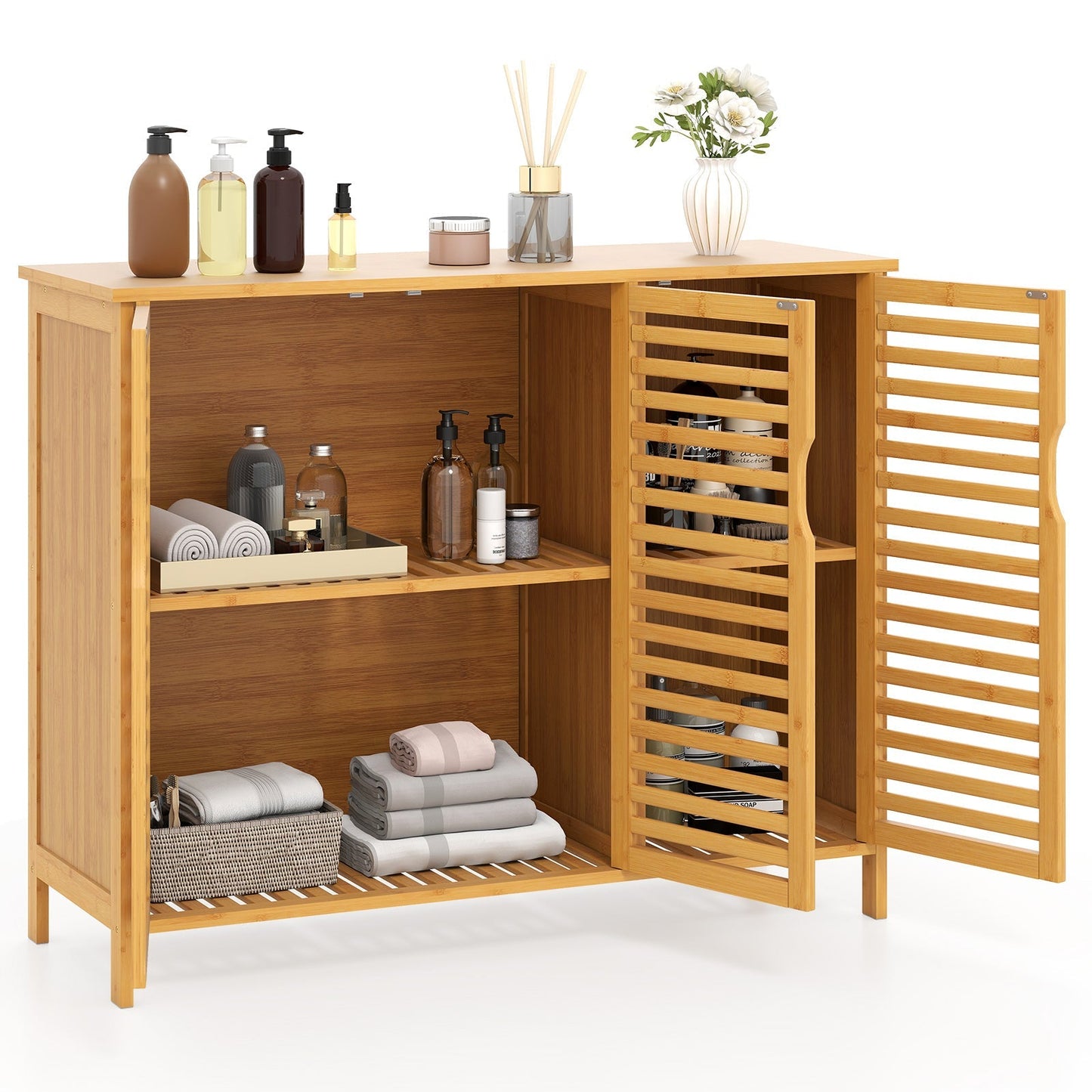 3-Door Bamboo Bathroom Cabinet with Shelves-Natural