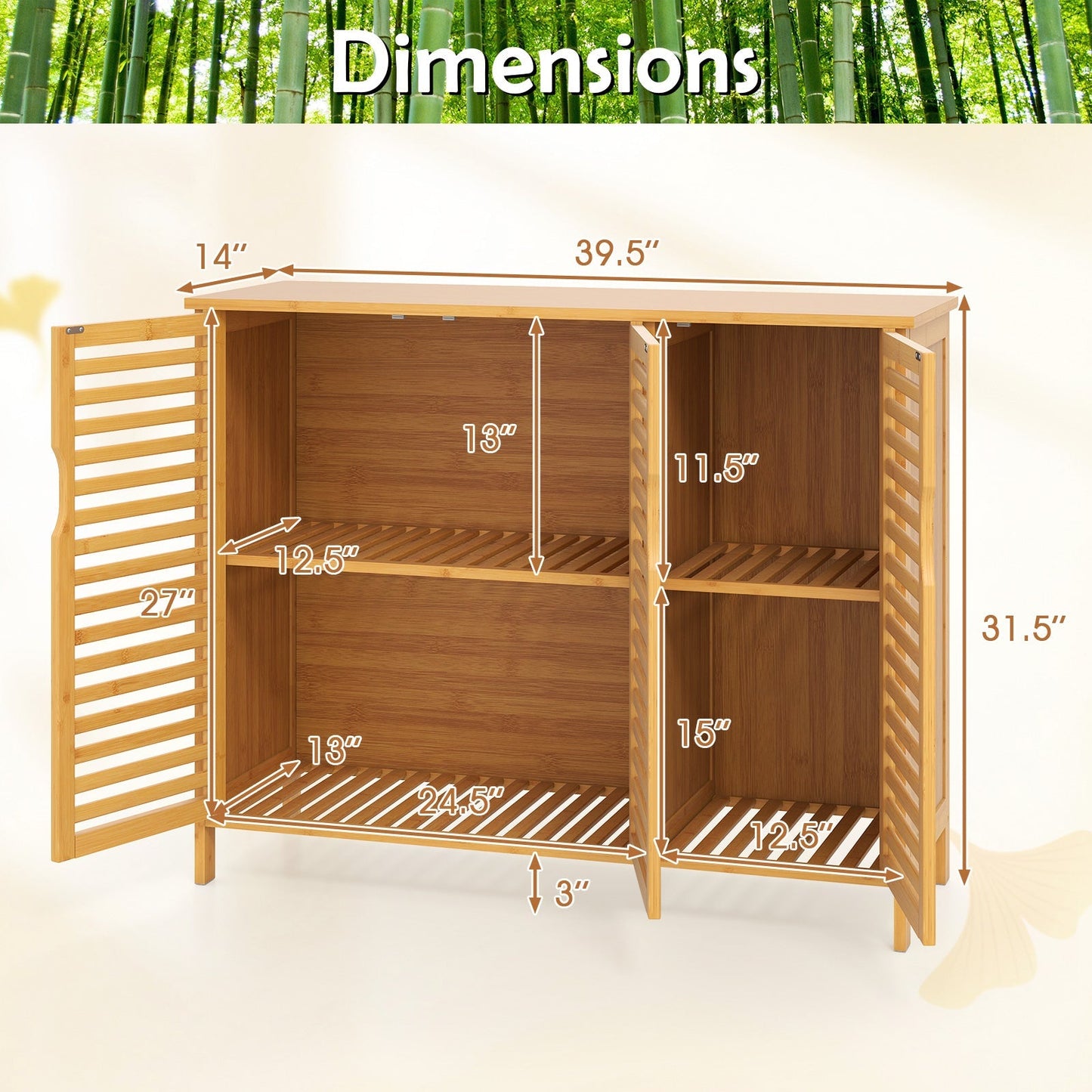 3-Door Bamboo Bathroom Cabinet with Shelves-Natural