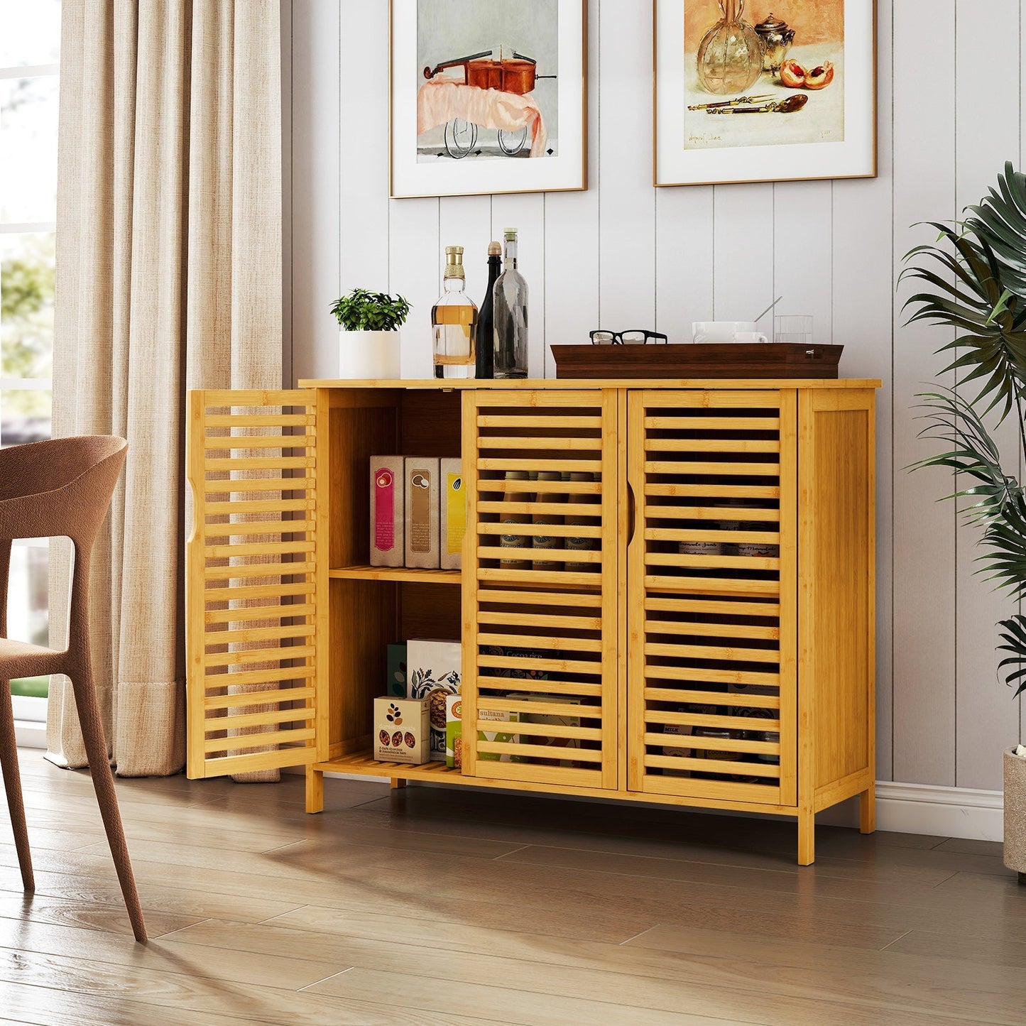 3-Door Bamboo Bathroom Cabinet with Shelves-Natural