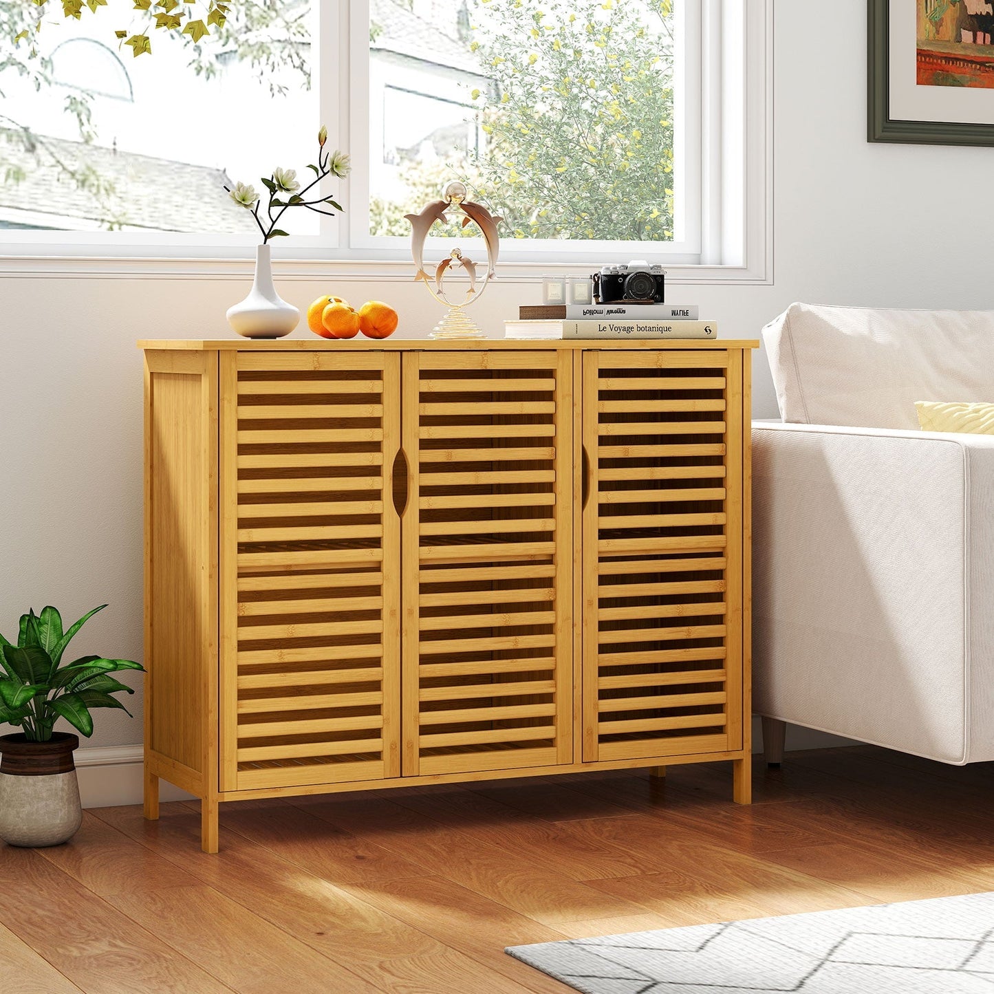 3-Door Bamboo Bathroom Cabinet with Shelves-Natural