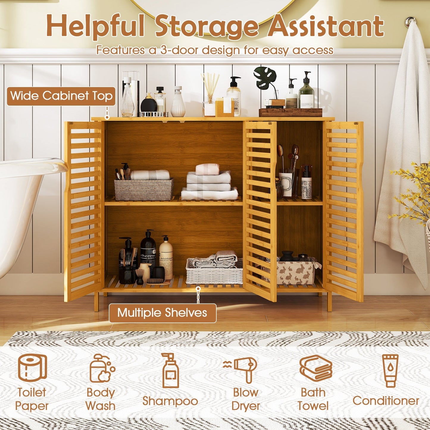 3-Door Bamboo Bathroom Cabinet with Shelves-Natural