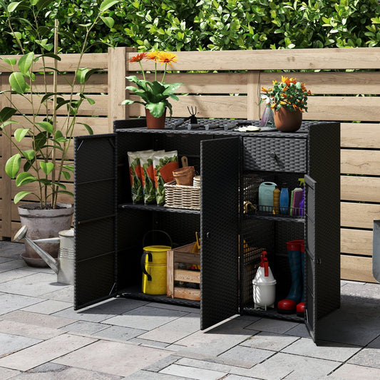 Outdoor PE Wicker Storage Cabinet with 3 Doors and Drawer