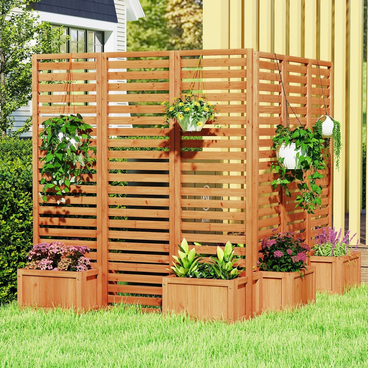 3-Panel Freestanding Garden Fence with 2 Planter Boxes - Yellow