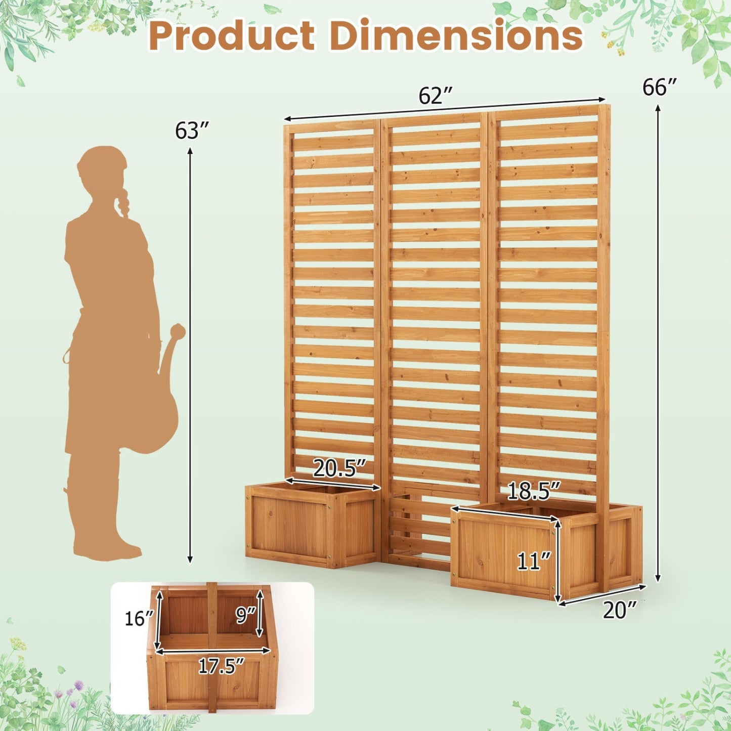 3-Panel Freestanding Garden Fence with 2 Planter Boxes - Yellow