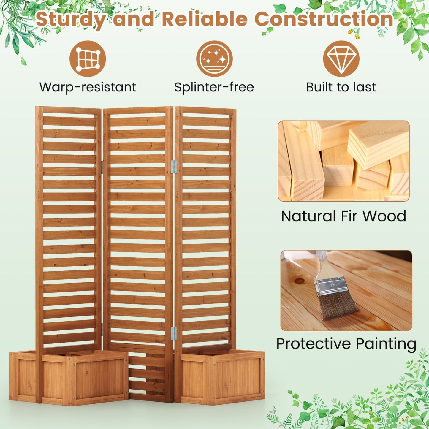 3-Panel Freestanding Garden Fence with 2 Planter Boxes - Yellow
