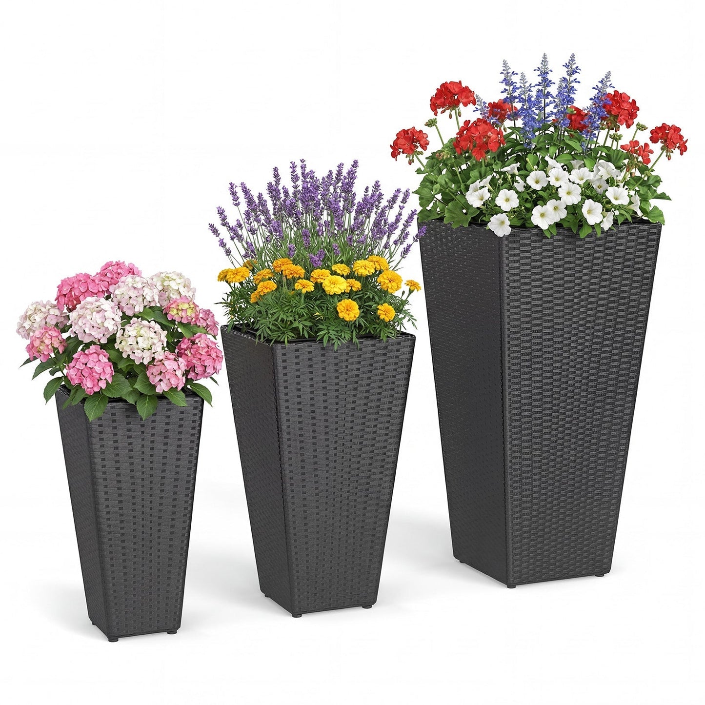 3-Piece Wicker Planters Tapered PP Rattan Plant Boxes with Plastic Flower Pots-Black