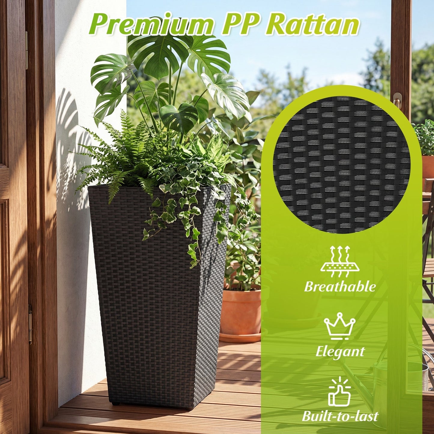 3-Piece Wicker Planters Tapered PP Rattan Plant Boxes with Plastic Flower Pots-Black