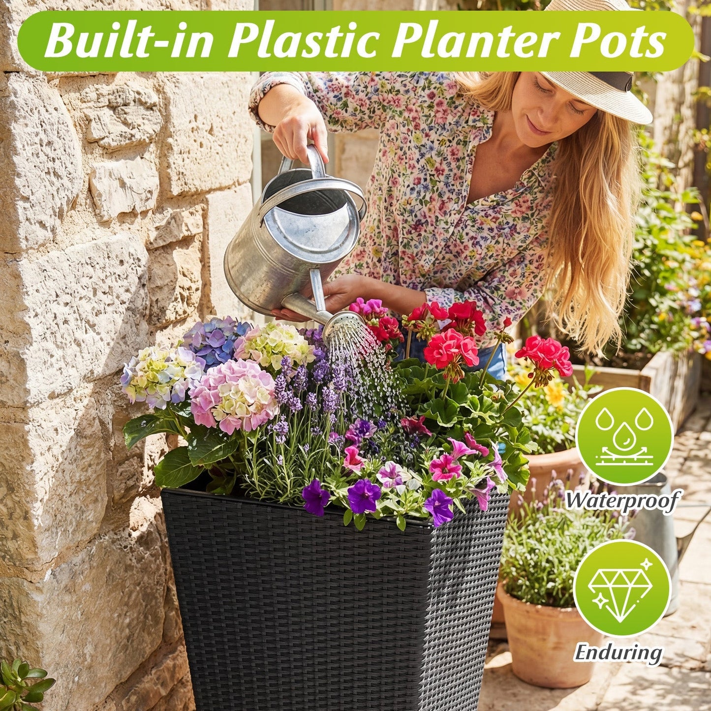3-Piece Wicker Planters Tapered PP Rattan Plant Boxes with Plastic Flower Pots-Black