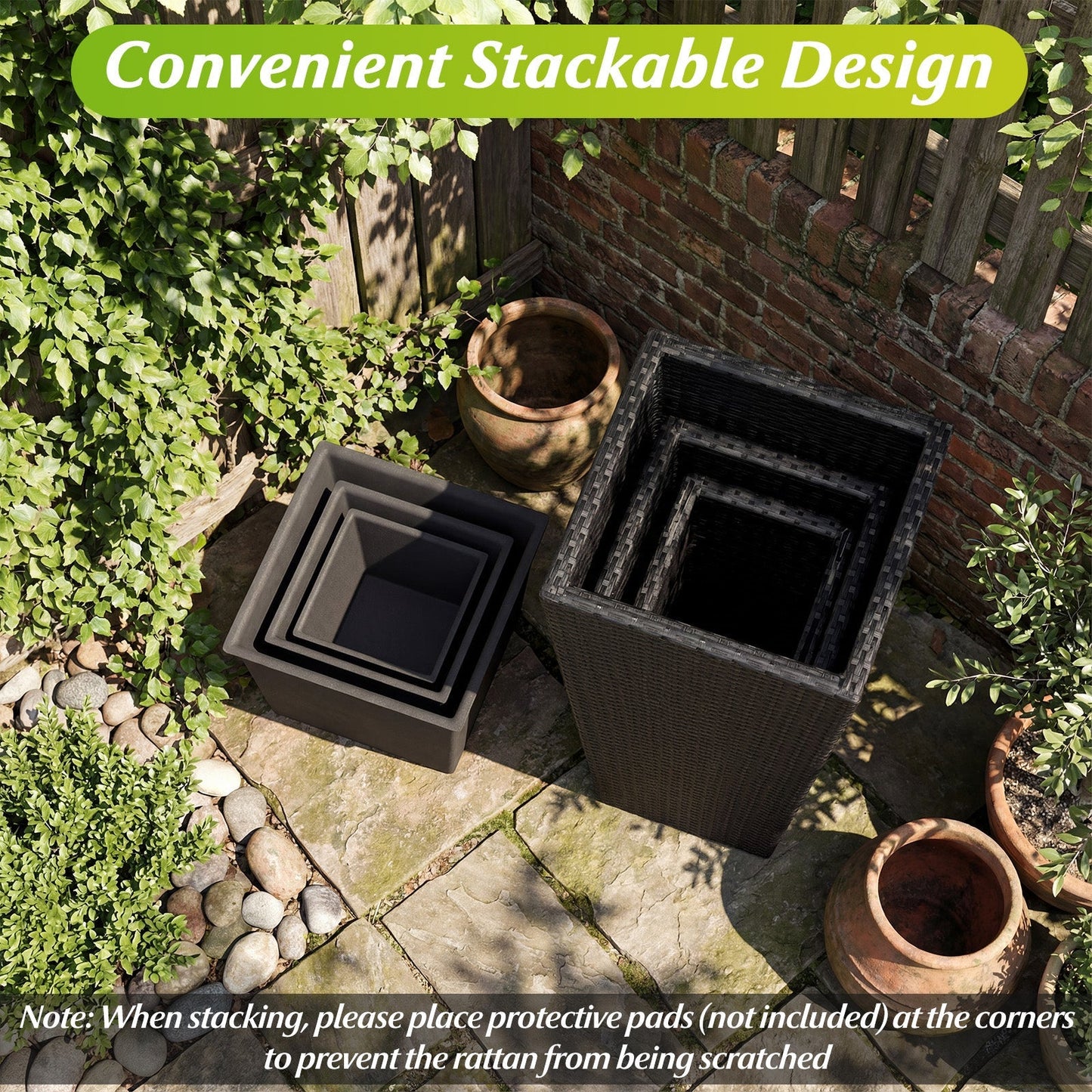 3-Piece Wicker Planters Tapered PP Rattan Plant Boxes with Plastic Flower Pots-Black