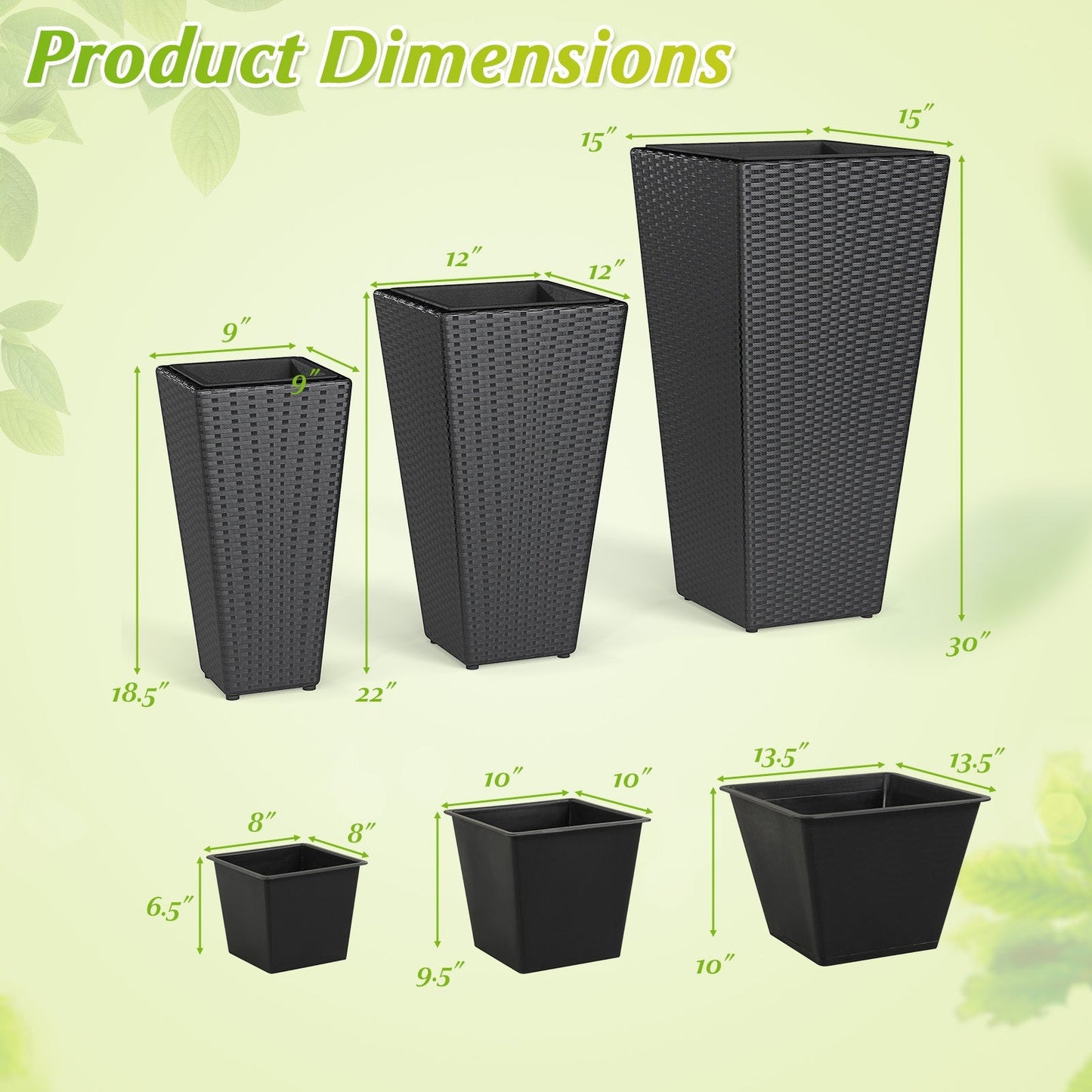 3-Piece Wicker Planters Tapered PP Rattan Plant Boxes with Plastic Flower Pots-Black