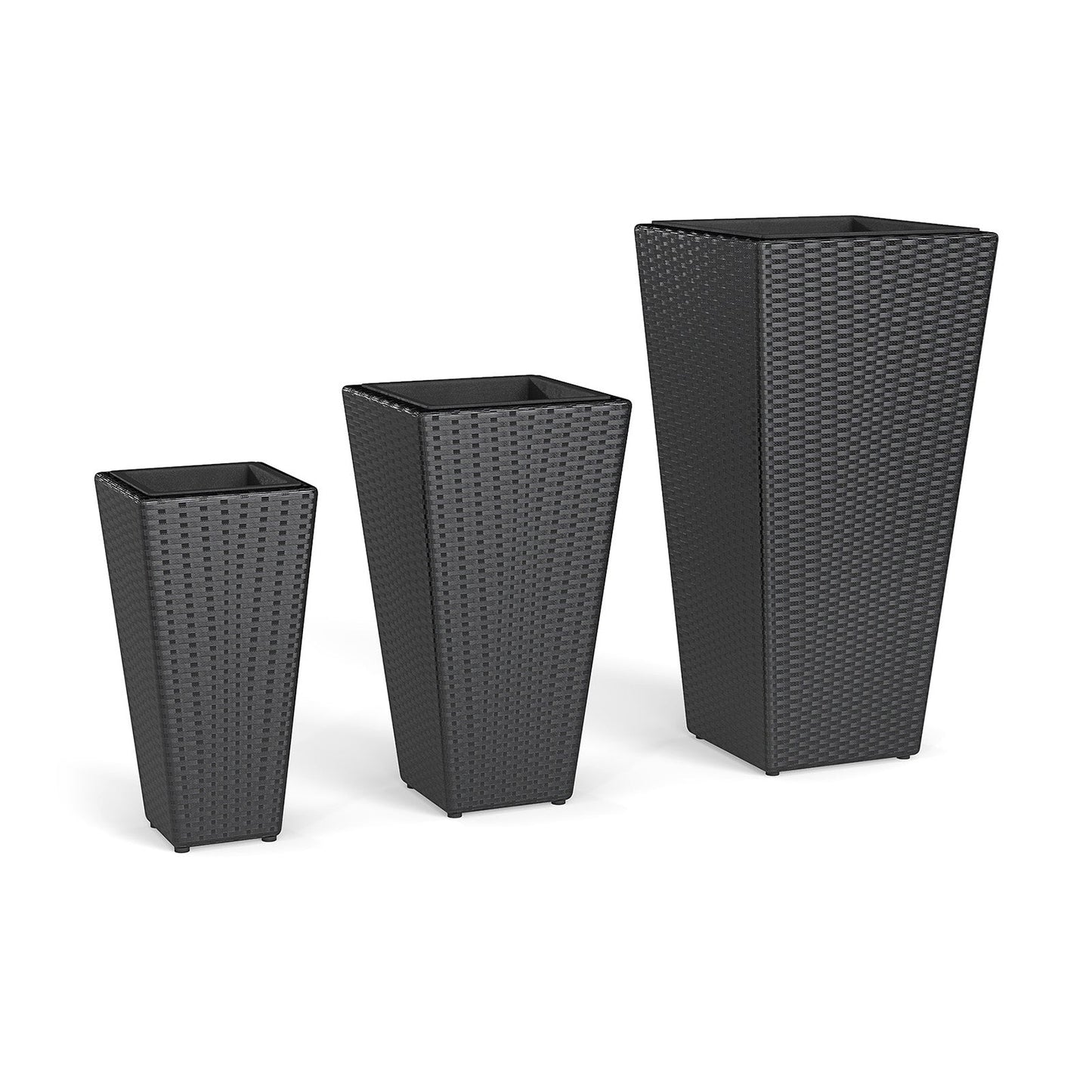 3-Piece Wicker Planters Tapered PP Rattan Plant Boxes with Plastic Flower Pots-Black