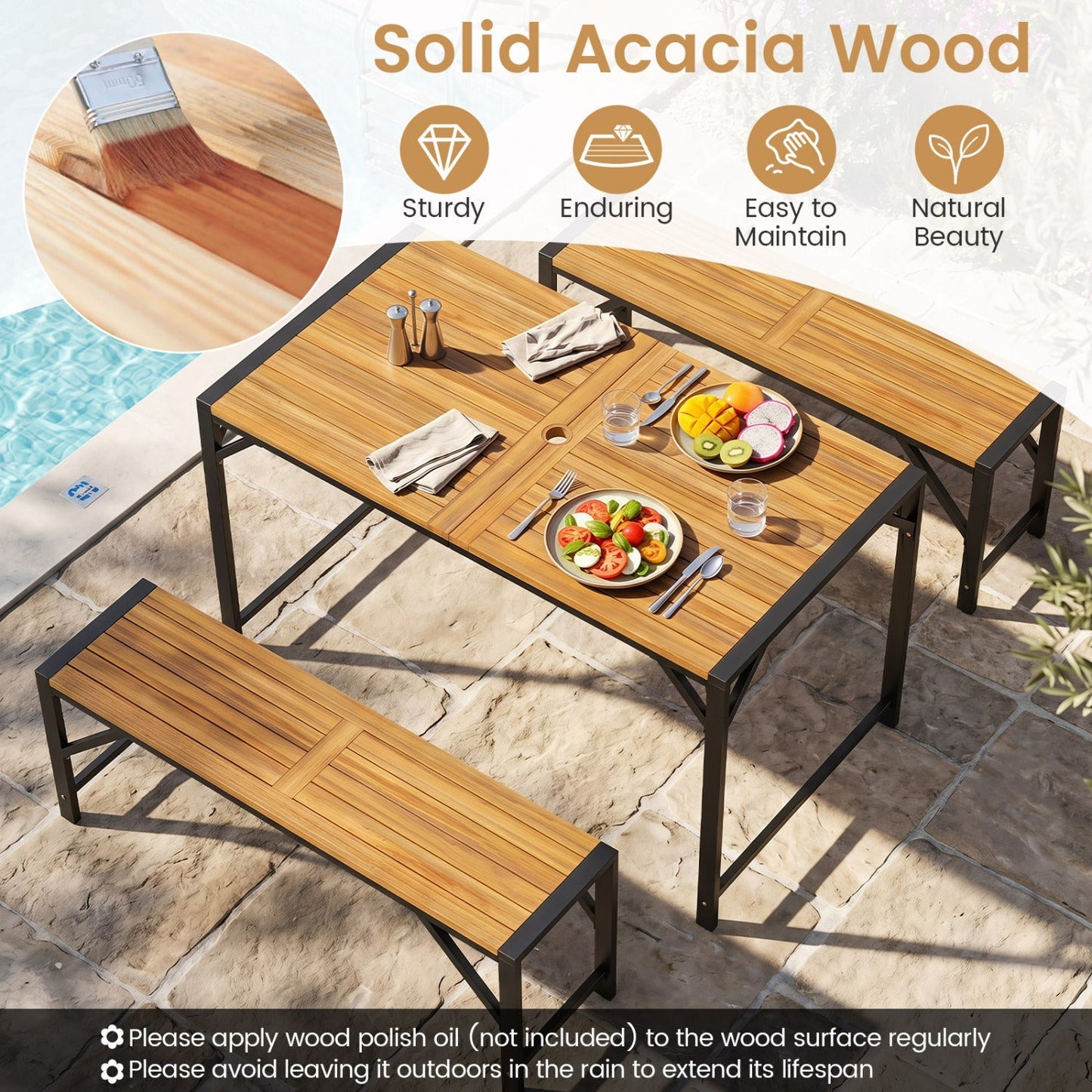 Acacia Wood Outdoor Bench 47.5" with Slatted Seat