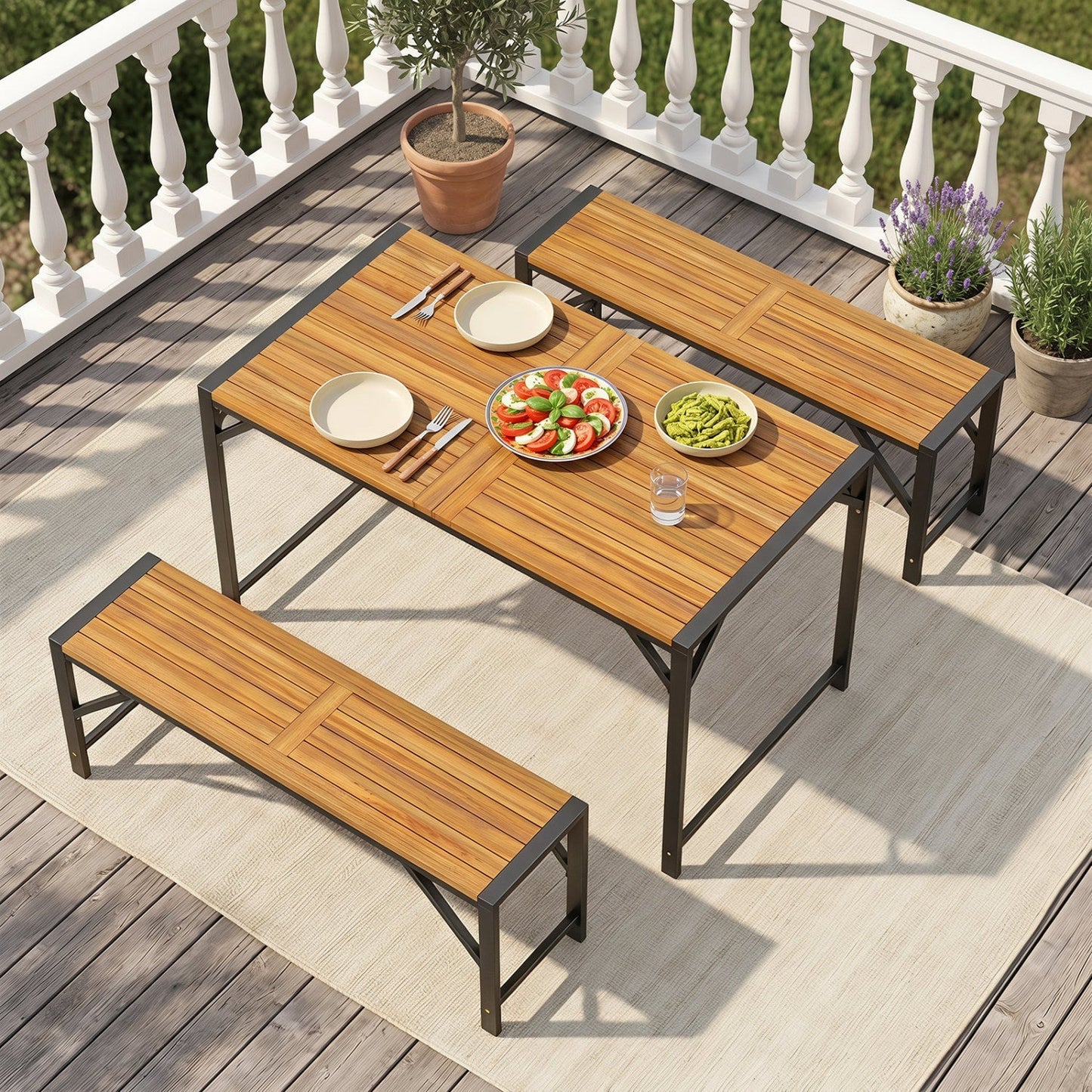 Acacia Wood Outdoor Bench Set of 2, 47.5" Slatted Seat