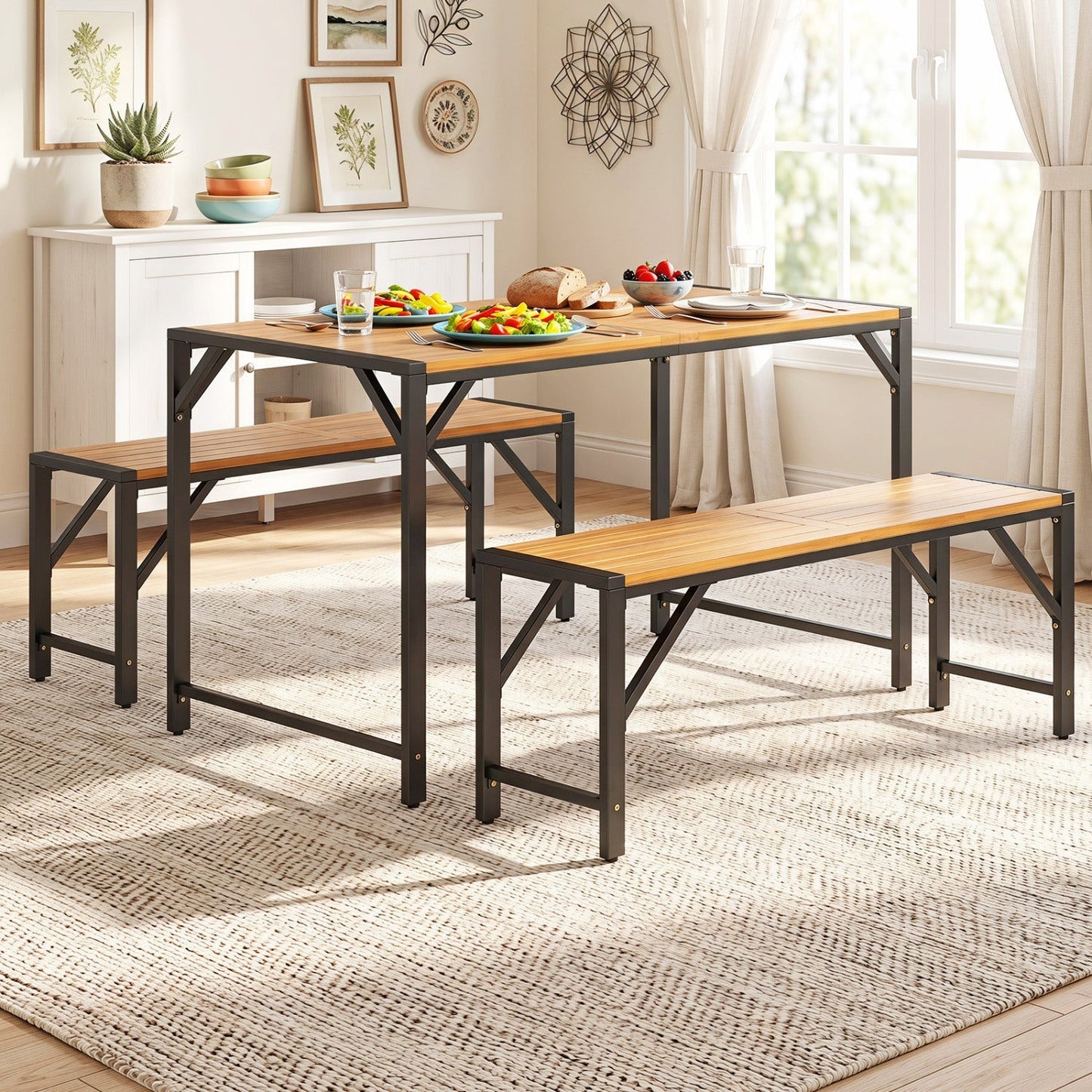 Acacia Wood Outdoor Bench Set of 2, 47.5" Slatted Seat