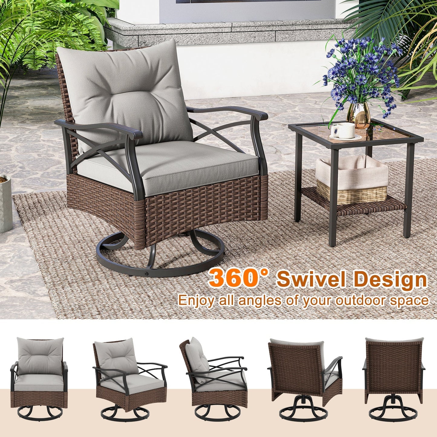 3 Pieces Outdoor Swivel Rocking Chairs Set with 2-Tier Tempered Glass Side Table-Brown