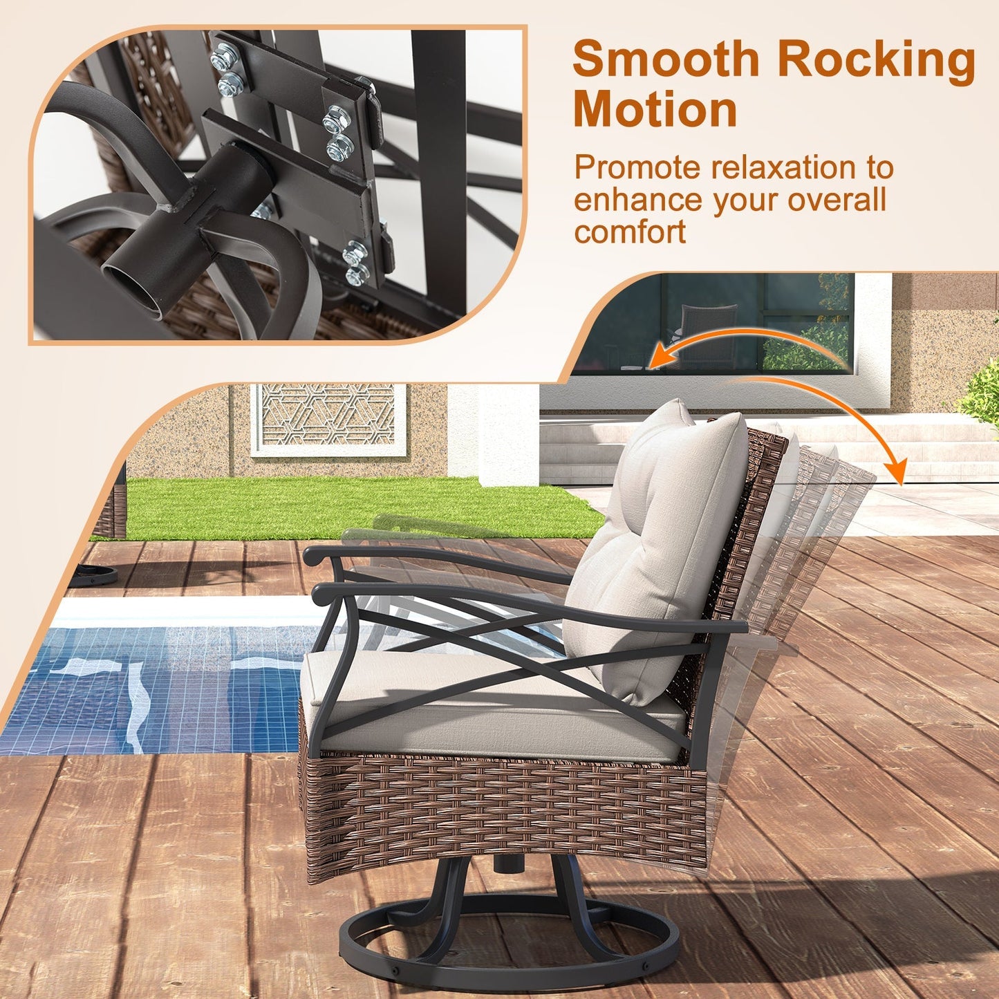 3 Pieces Outdoor Swivel Rocking Chairs Set with 2-Tier Tempered Glass Side Table-Brown