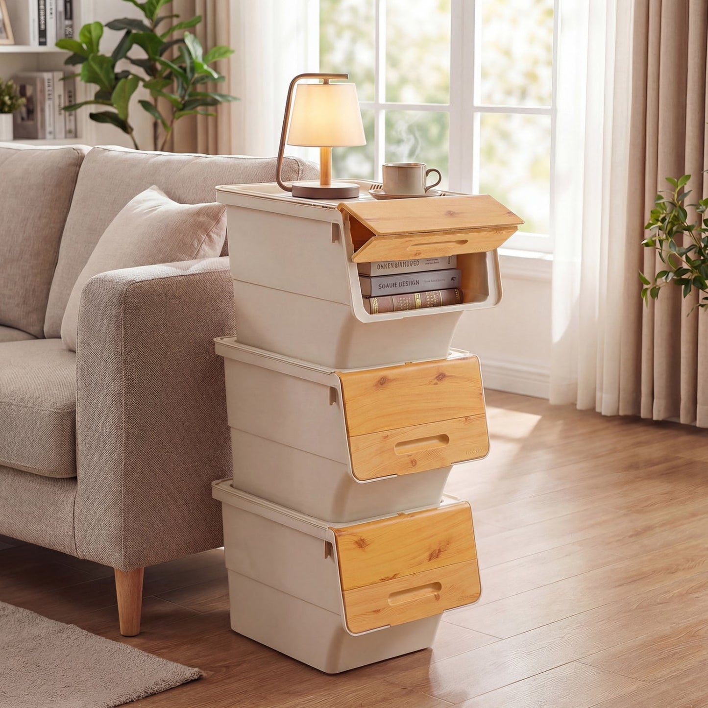 3 Pieces Storage Bins on Wheels Stackable Plastic Boxes with Stay-Open Lid (M)