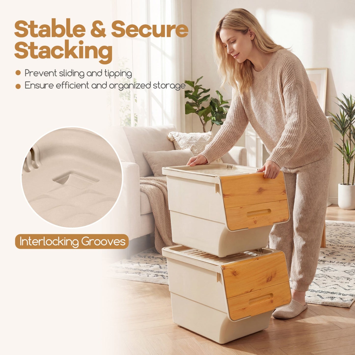 3 Pieces Storage Bins on Wheels Stackable Plastic Boxes with Stay-Open Lid (M)