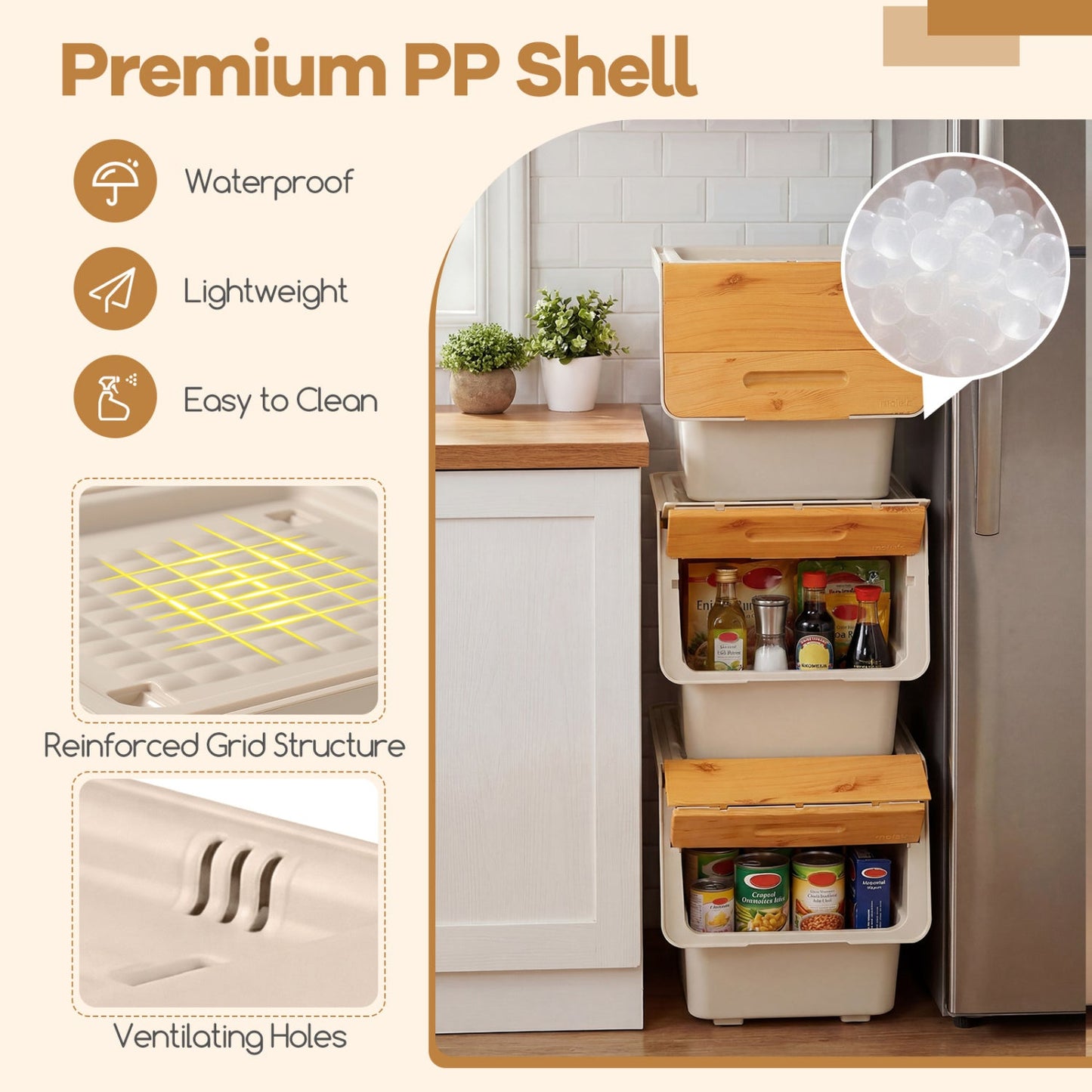 3 Pieces Storage Bins on Wheels Stackable Plastic Boxes with Stay-Open Lid (M)