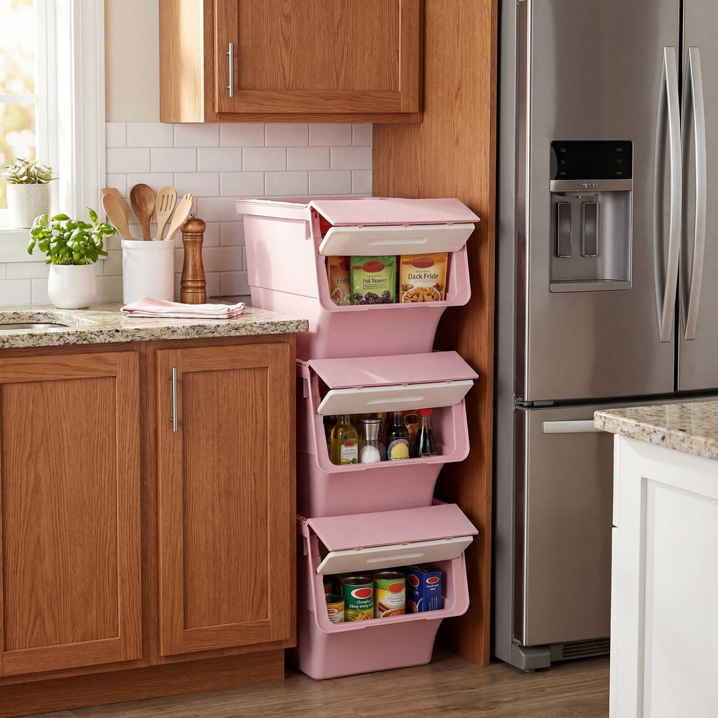 3 Pieces Storage Bins on Wheels Stackable Plastic Boxes with Stay-Open Lid (M)