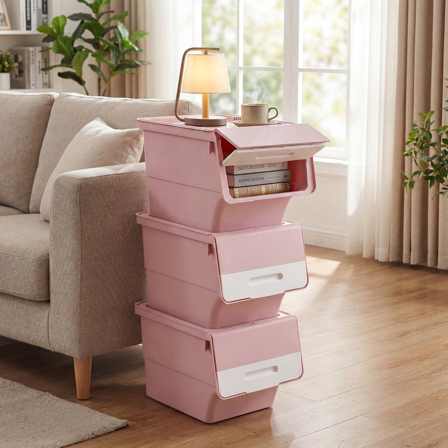 3 Pieces Storage Bins on Wheels Stackable Plastic Boxes with Stay-Open Lid (M)