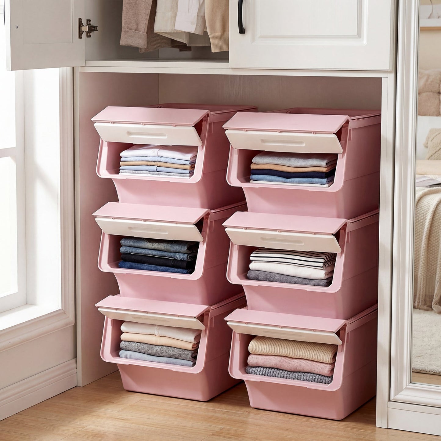 3 Pieces Storage Bins on Wheels Stackable Plastic Boxes with Stay-Open Lid (M)