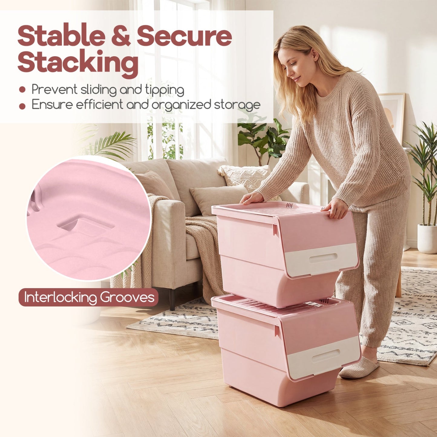 3 Pieces Storage Bins on Wheels Stackable Plastic Boxes with Stay-Open Lid (M)