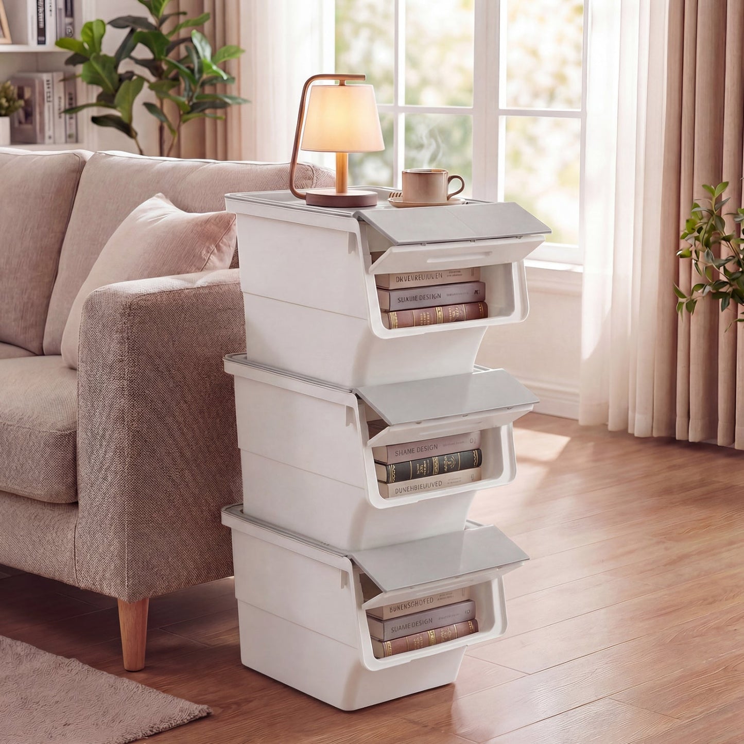 3 Pieces Storage Bins on Wheels Stackable Plastic Boxes with Stay-Open Lid (M)