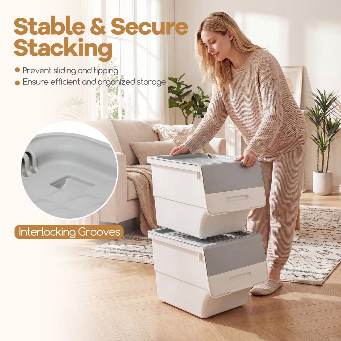 3 Pieces Storage Bins on Wheels Stackable Plastic Boxes with Stay-Open Lid (M)