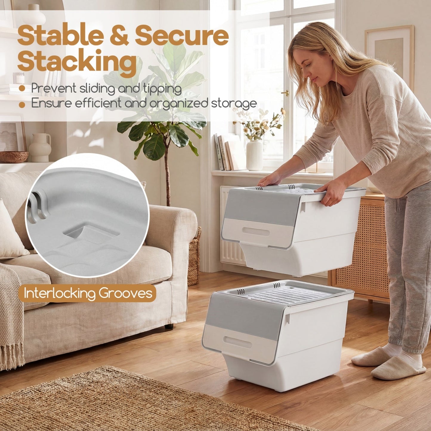 3 Pieces Storage Bins on Wheels Stackable Plastic Boxes with Stay-Open Lid (S)