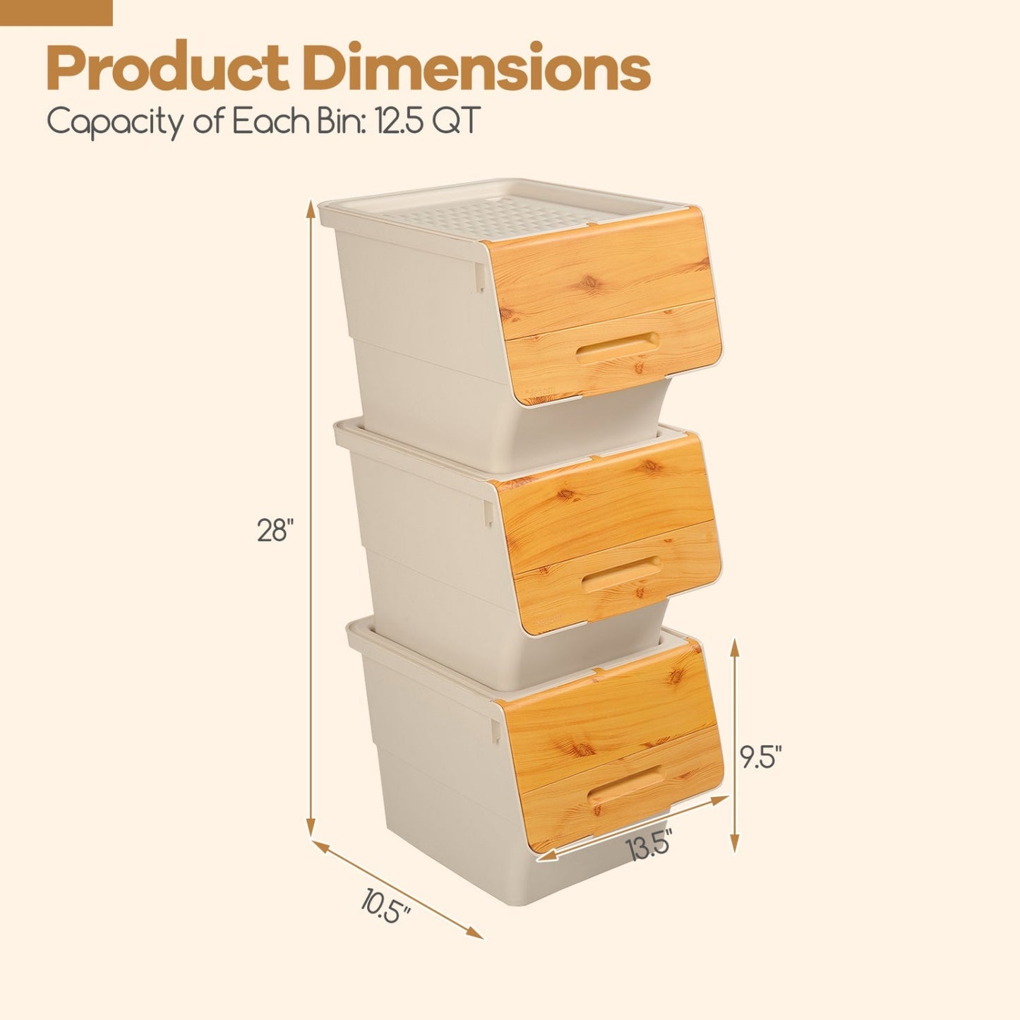 3 Pieces Storage Bins on Wheels Stackable Plastic Boxes with Stay-Open Lid (S)