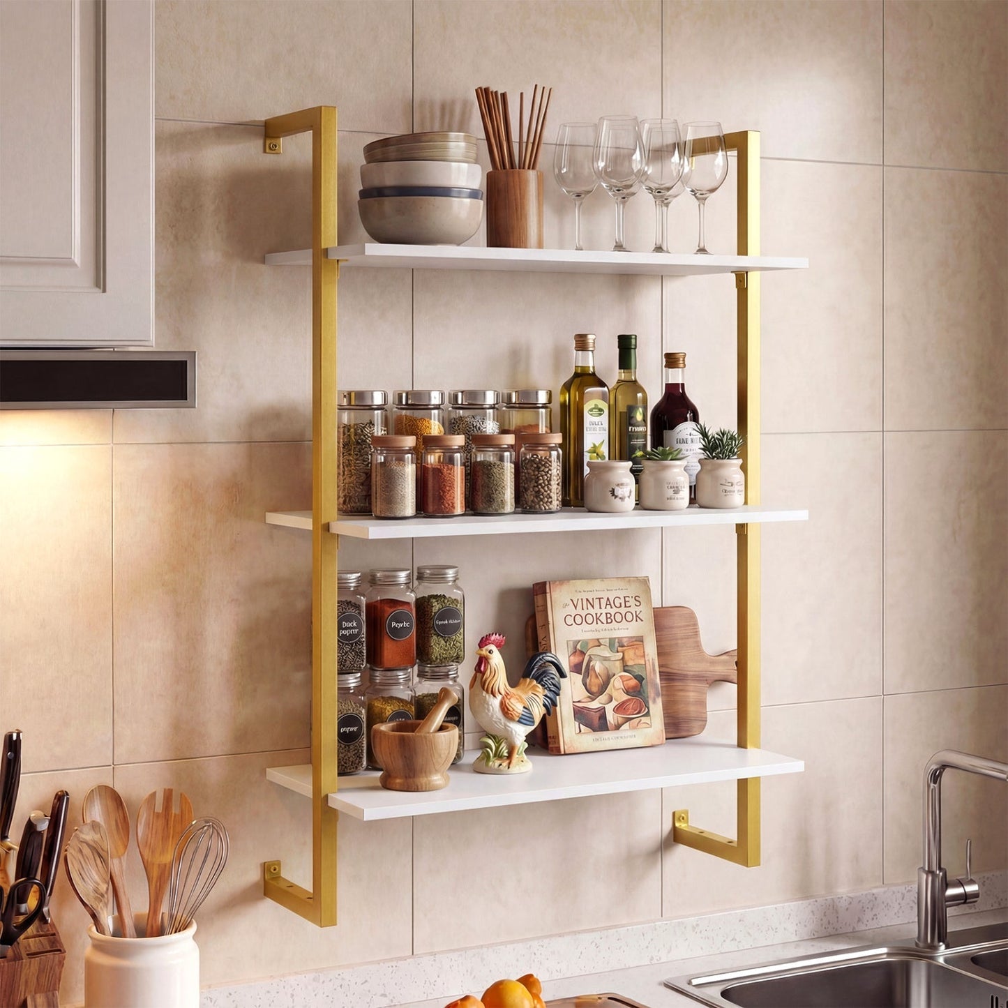 3-Tier Floating Modern Kitchen Shelf for Living Room Home Office and Bathroom