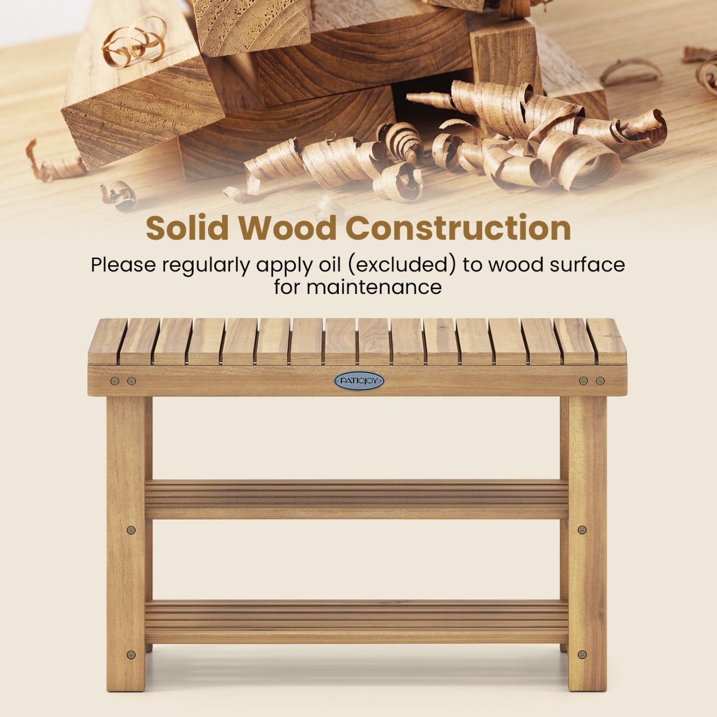 3-Tier Solid Wood Shoe Rack Bench with Slatted Shelves