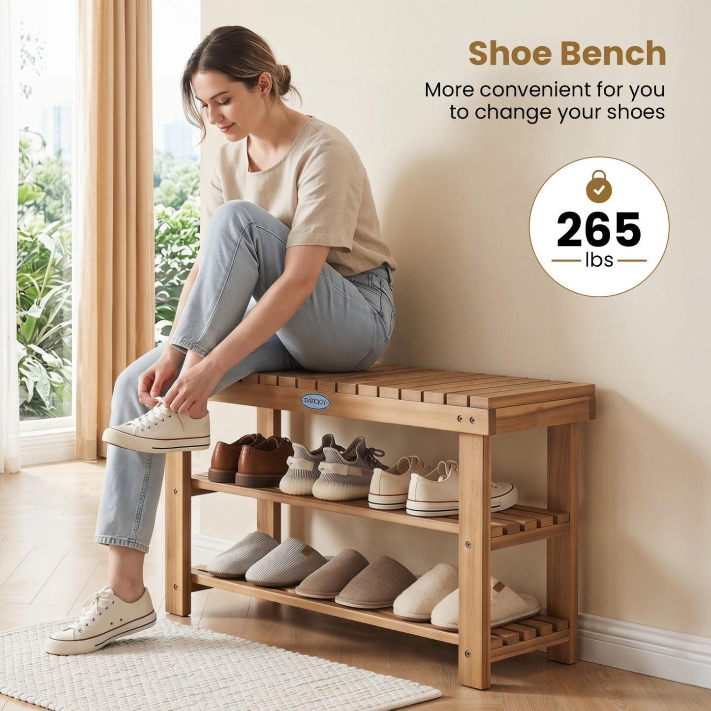 3-Tier Solid Wood Shoe Rack Bench with Slatted Shelves