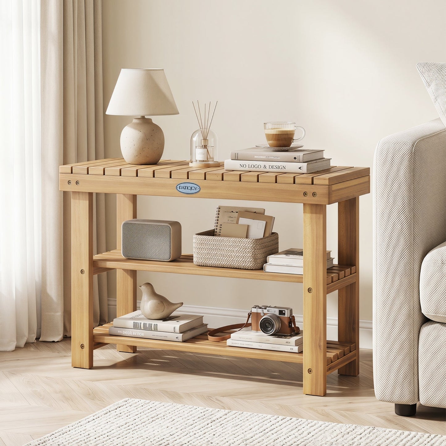 3-Tier Solid Wood Shoe Rack Bench with Slatted Shelves