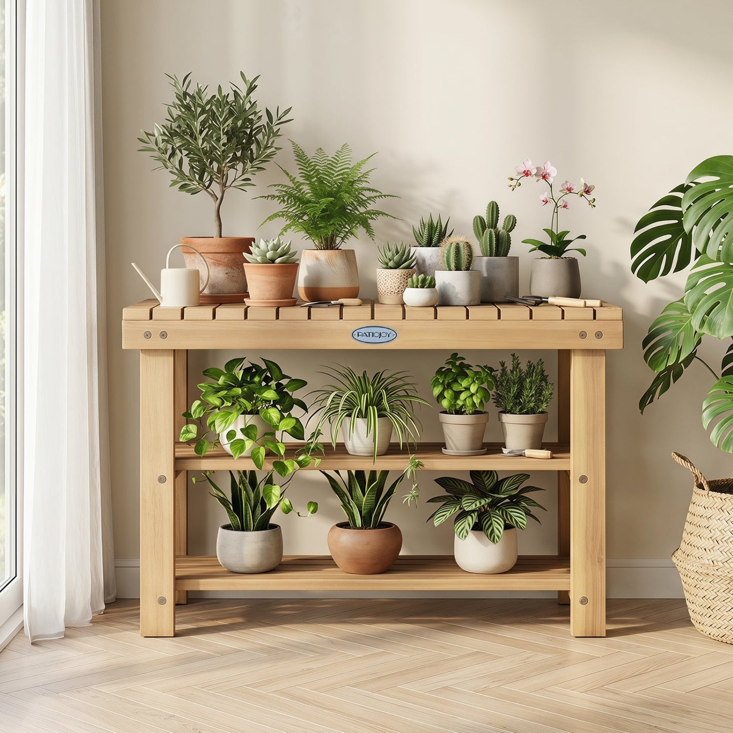 3-Tier Solid Wood Shoe Rack Bench with Slatted Shelves
