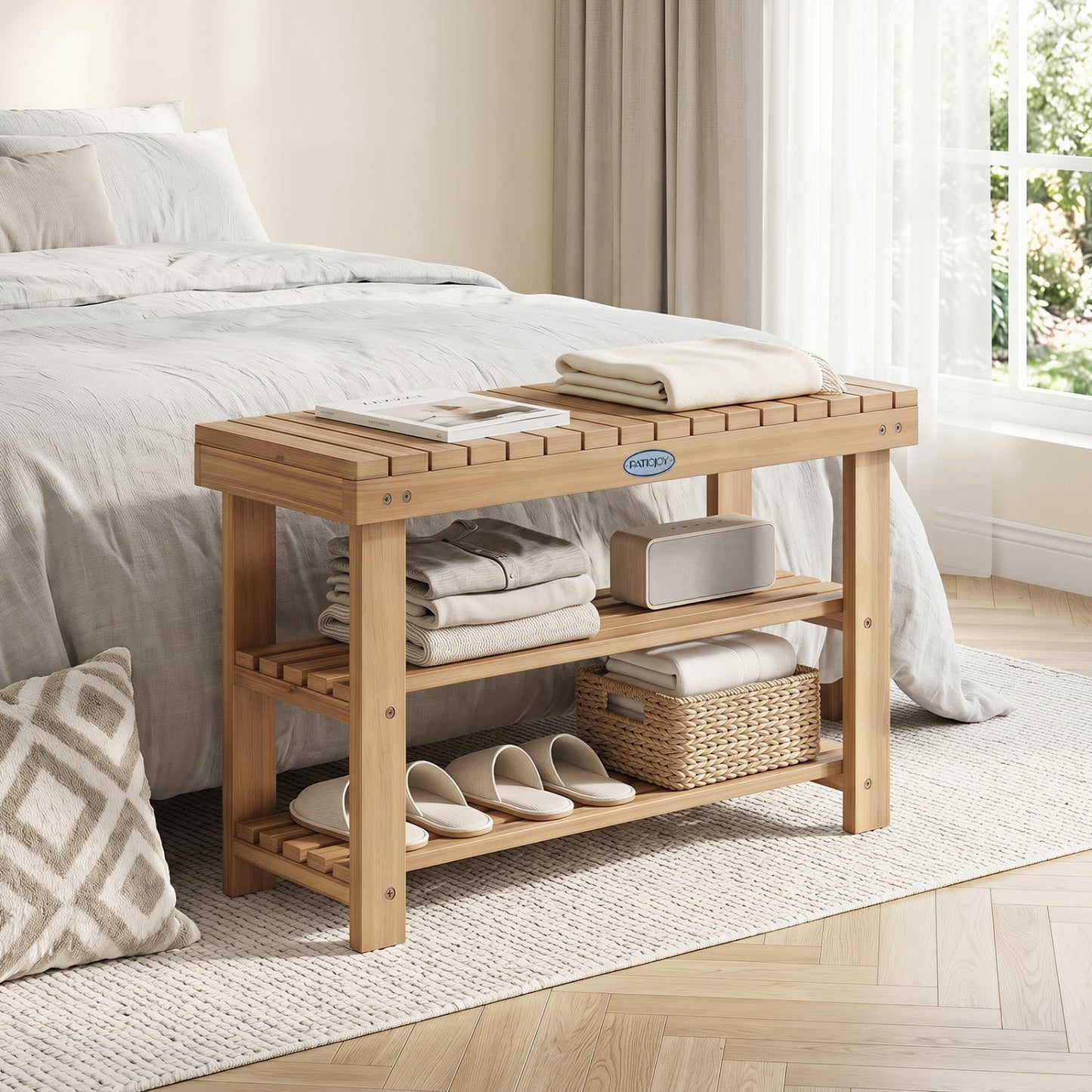 3-Tier Solid Wood Shoe Rack Bench with Slatted Shelves