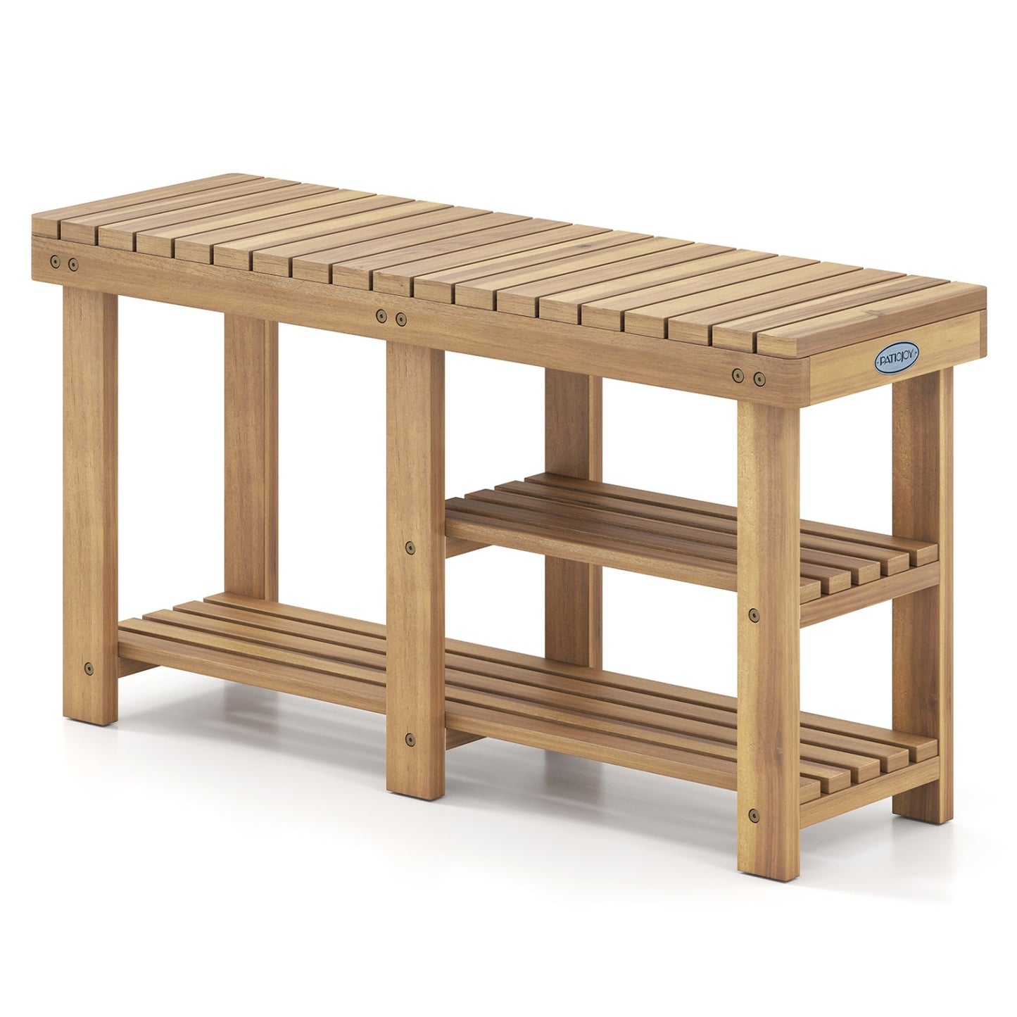 3-Tier Solid Wood Shoe Rack Bench with Slatted Shelves
