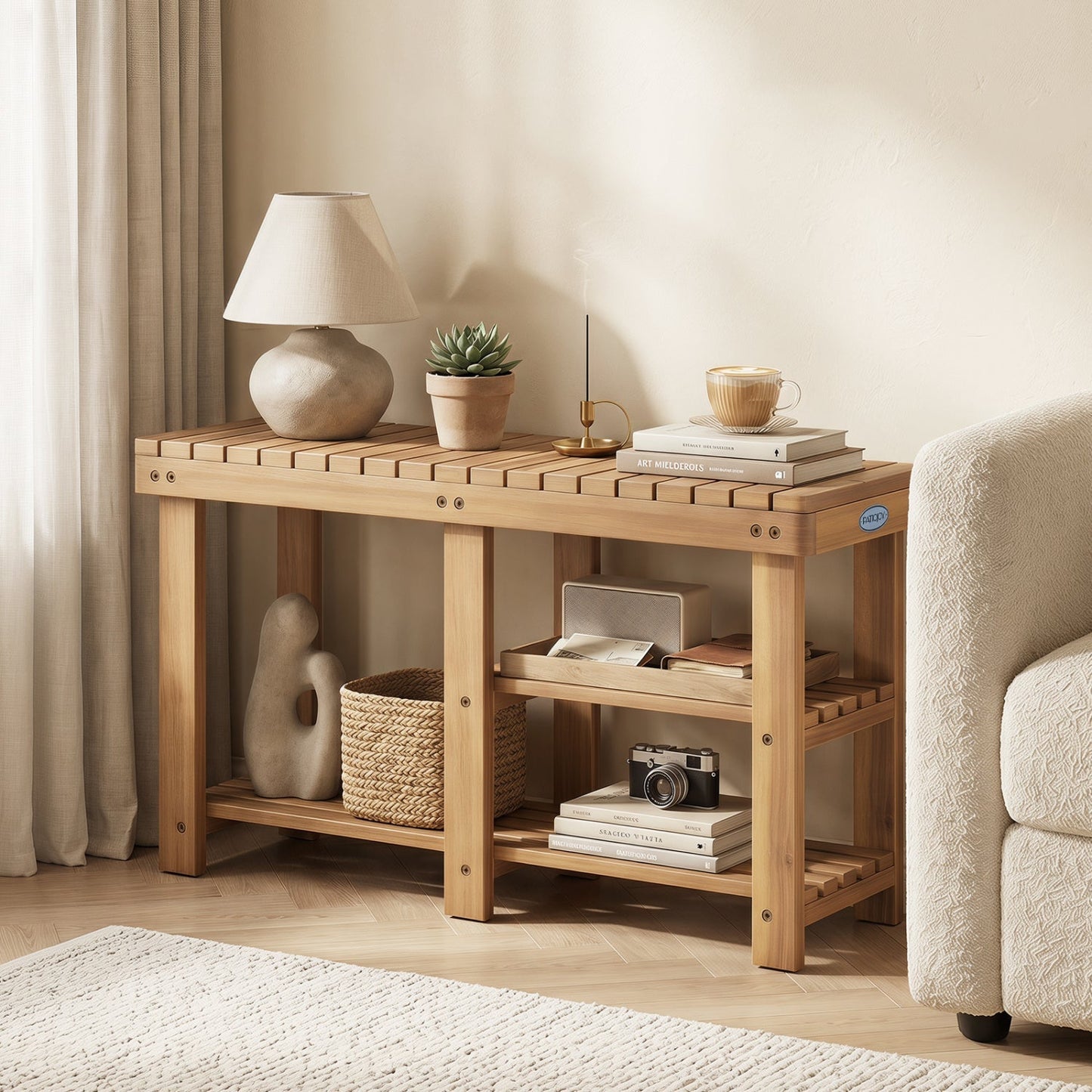3-Tier Solid Wood Shoe Rack Bench with Slatted Shelves