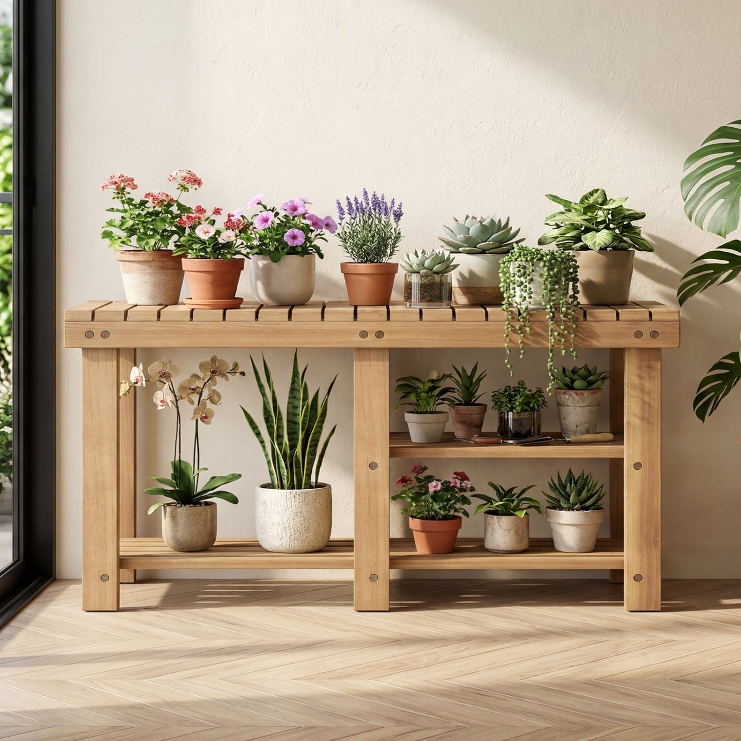 3-Tier Solid Wood Shoe Rack Bench with Slatted Shelves