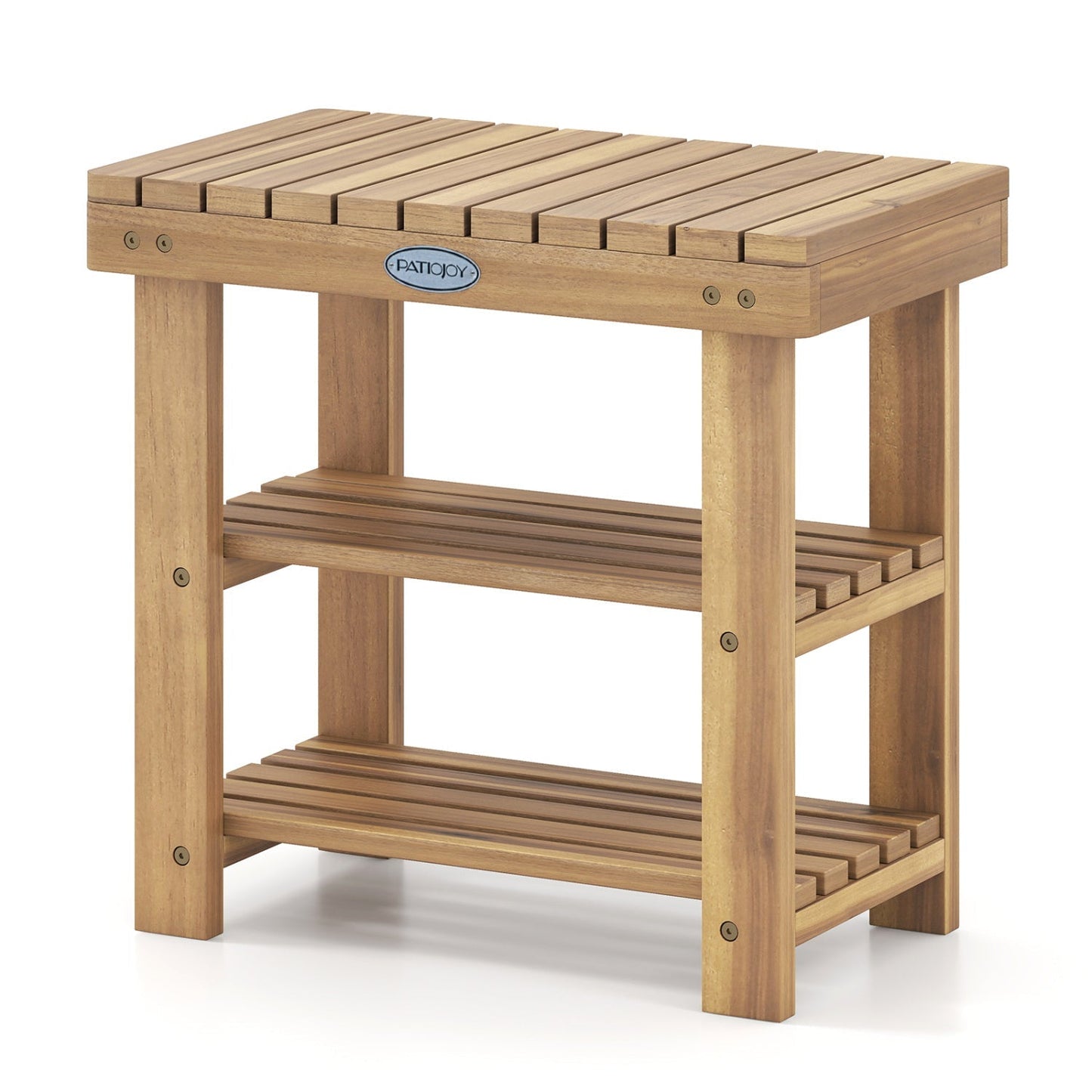 3-Tier Solid Wood Shoe Rack Bench with Slatted Shelves