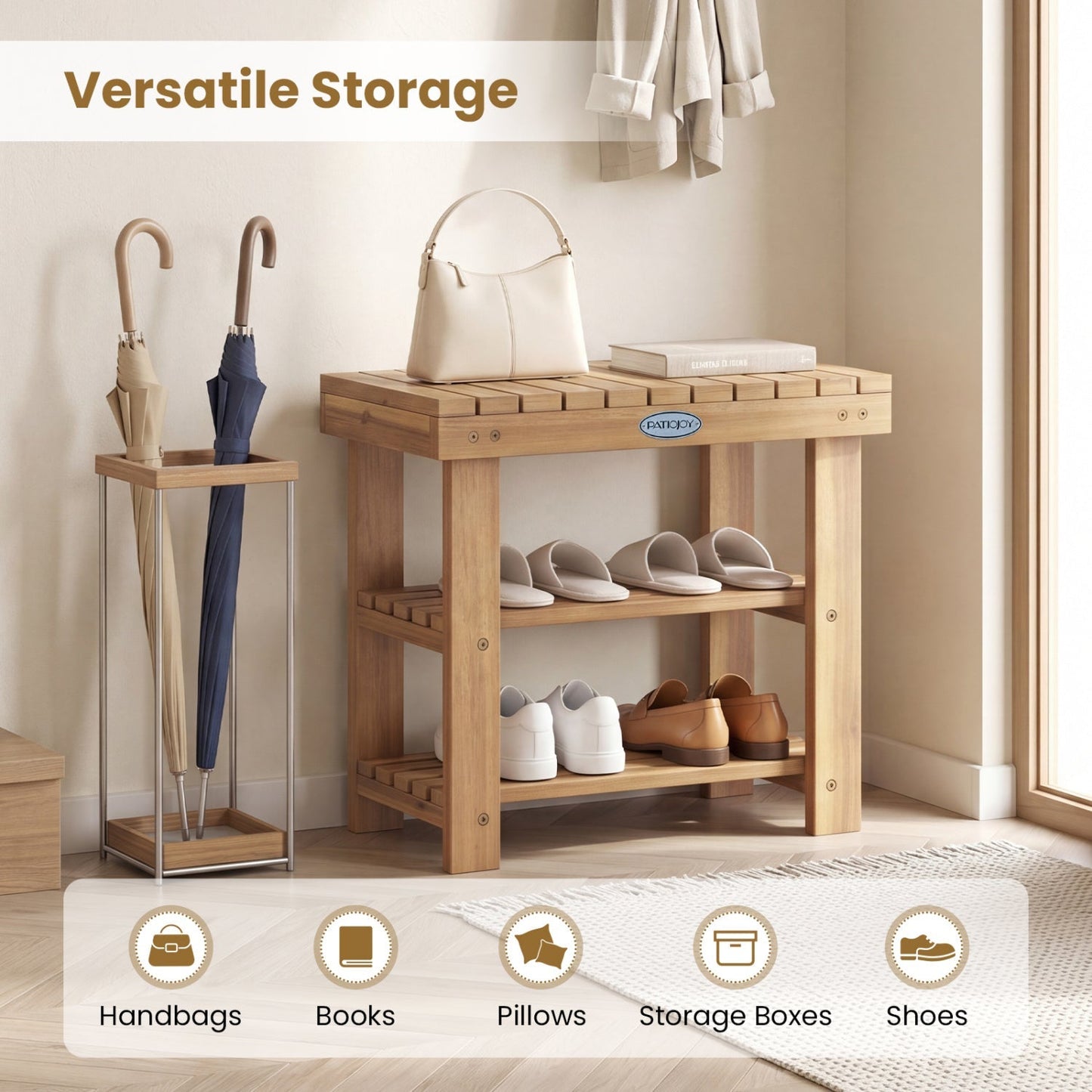 3-Tier Solid Wood Shoe Rack Bench with Slatted Shelves