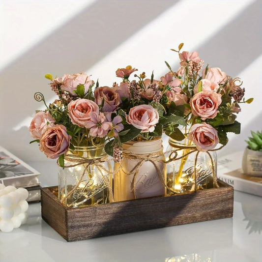 3pcs Mason Jar Centerpiece Table Decorations for Dining Table Decor Farmhouse Coffee Table Decor with Wood Tray and Led Light Table Centerpieces for Dining Room Kitchen Living Bathroom, Pink