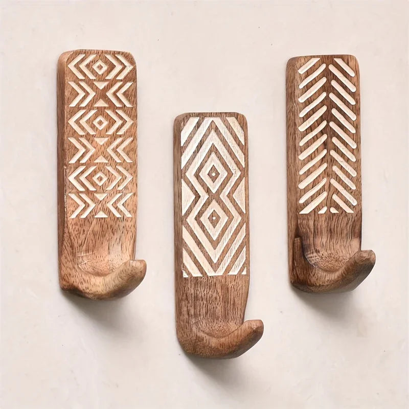 3pcs Boho Wooden Wall Hooks Set, Rust Resistant, Easy Install Adhesive, Perfect for Bathroom & Home Decor, Convenient Hanging for Clothes, Hats, Towels, Utility Hooks