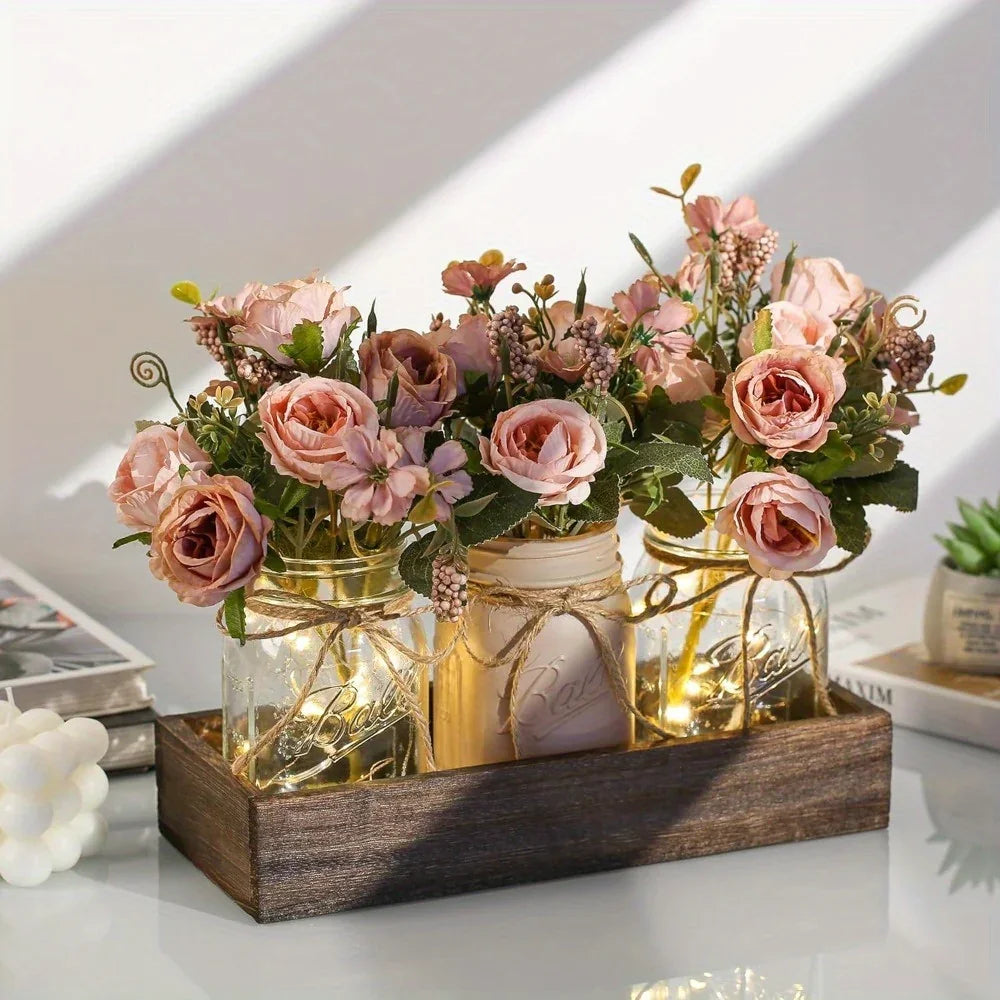 3pcs Mason Jar Centerpiece Table Decorations for Dining Table Decor Farmhouse Coffee Table Decor with Wood Tray and Led Light Table Centerpieces for Dining Room Kitchen Living Bathroom, Pink