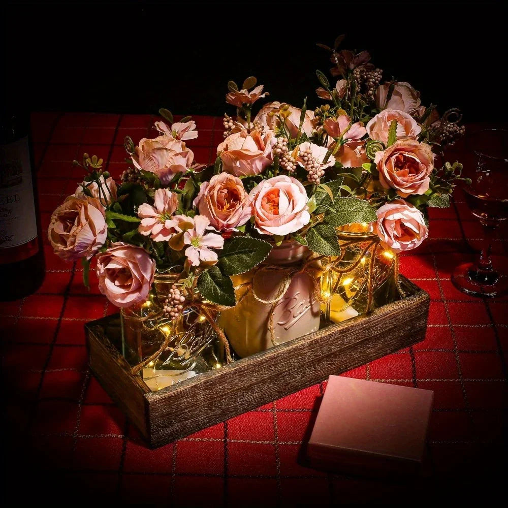 3pcs Mason Jar Centerpiece Table Decorations for Dining Table Decor Farmhouse Coffee Table Decor with Wood Tray and Led Light Table Centerpieces for Dining Room Kitchen Living Bathroom, Pink