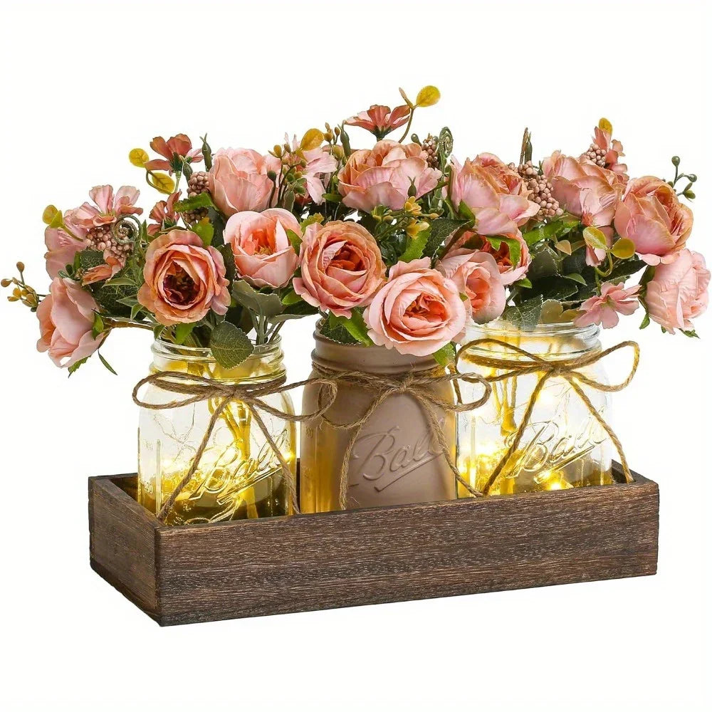 3pcs Mason Jar Centerpiece Table Decorations for Dining Table Decor Farmhouse Coffee Table Decor with Wood Tray and Led Light Table Centerpieces for Dining Room Kitchen Living Bathroom, Pink