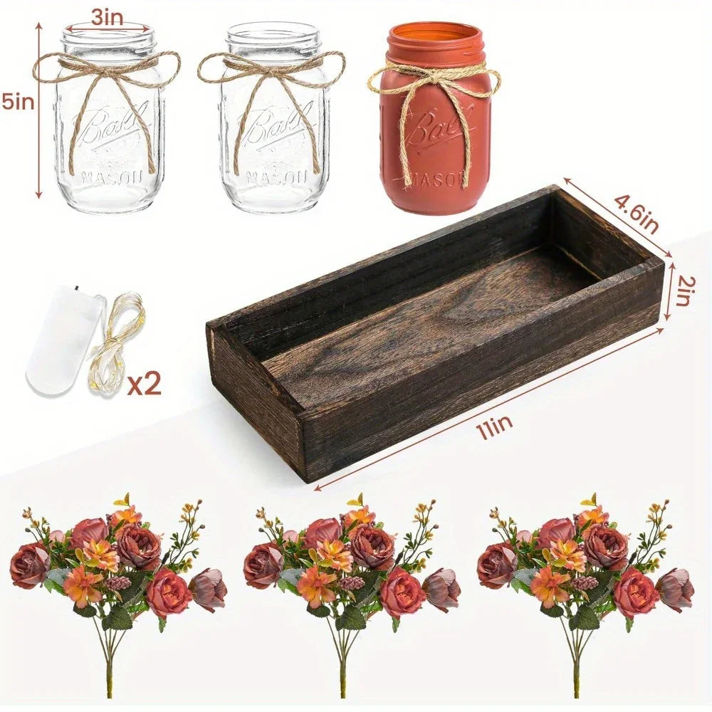 3pcs Mason Jar Centerpiece Table Decorations for Dining Table Decor Farmhouse Coffee Table Decor with Wood Tray and Led Light Table Centerpieces for Dining Room Kitchen Living Bathroom, Pink