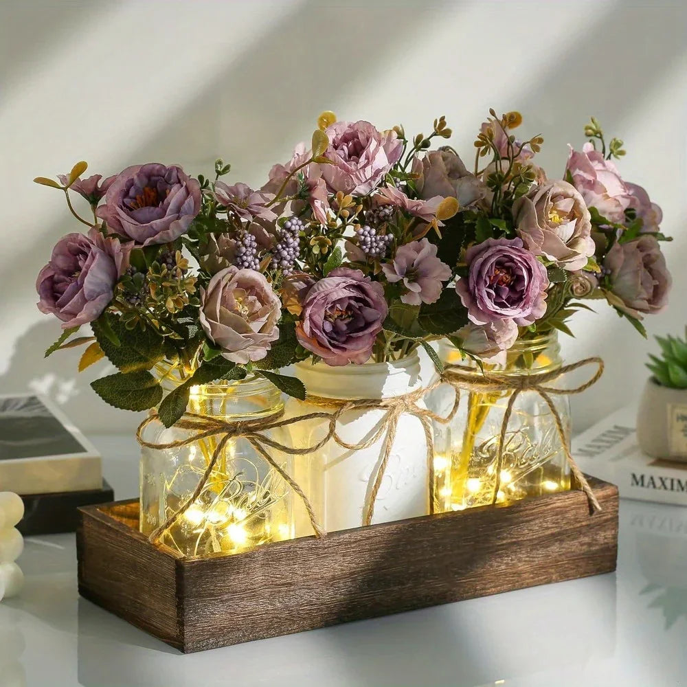 3pcs Mason Jar Centerpiece Table Decorations for Dining Table Decor Farmhouse Coffee Table Decor with Wood Tray and Led Light Table Centerpieces for Dining Room Kitchen Living Bathroom, Pink