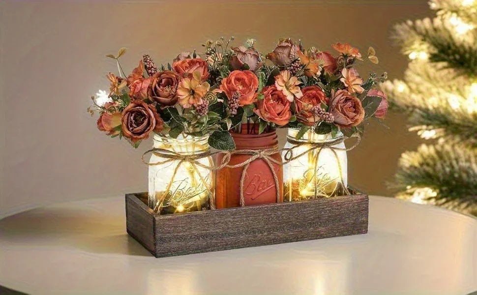 3pcs Mason Jar Centerpiece Table Decorations for Dining Table Decor Farmhouse Coffee Table Decor with Wood Tray and Led Light Table Centerpieces for Dining Room Kitchen Living Bathroom, Pink